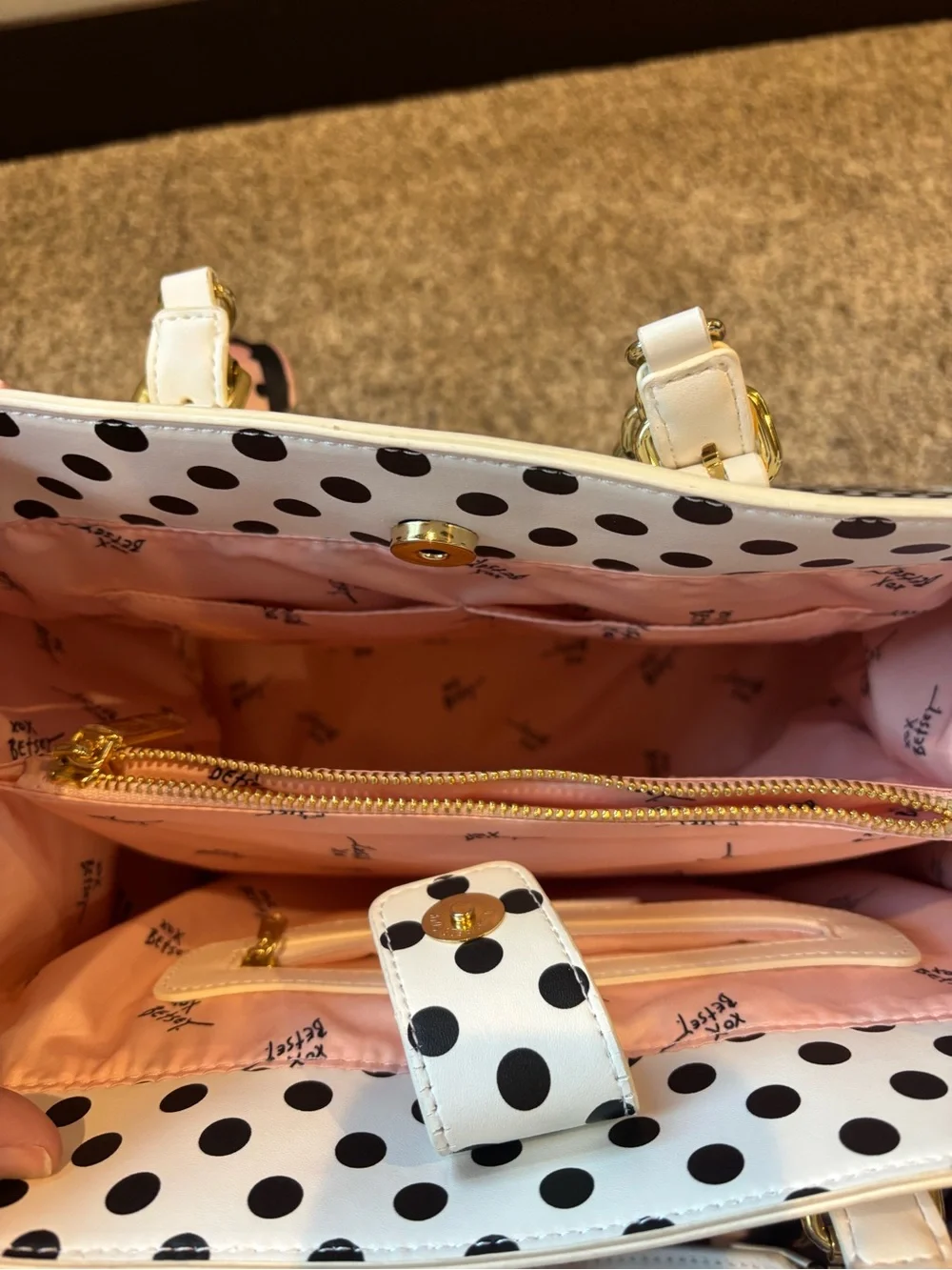 Betsey Johnson Black & White Polka Dot Tote with Pink Pom Charm - Picture 7 of 10